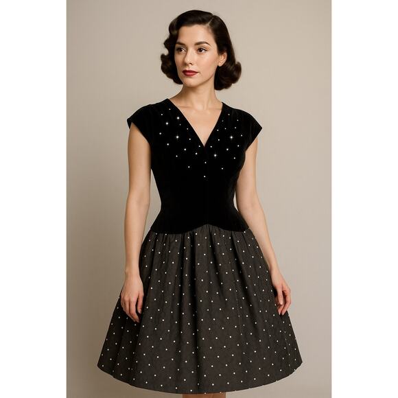 Vintage Dresses & Skirts - Vtg 1950s velvet taffeta cocktail dress L/XL silver atomic print rhinestone VLV